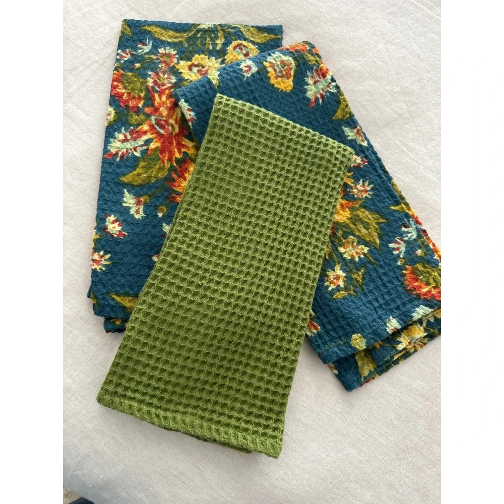 April Cornell Waffle Weave‎ Tea Towels Set of 3 Floral Teal Olive Green